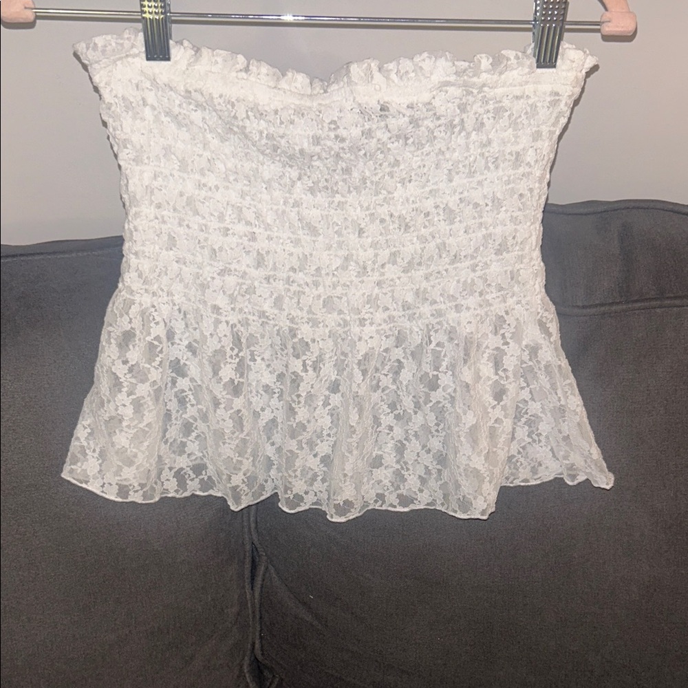 White Sheer Lace Strapless Peplum Top